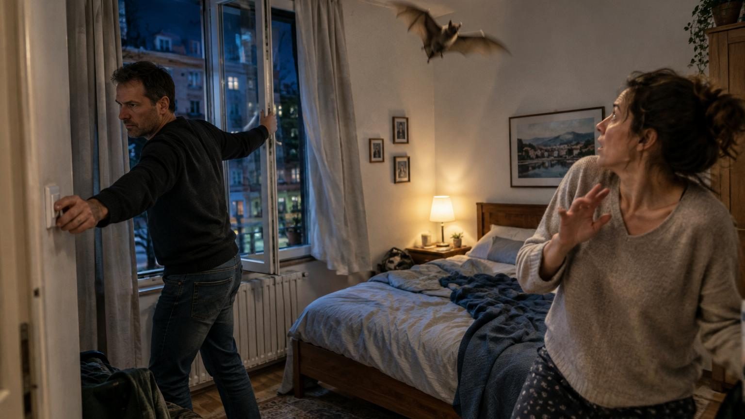 Une chauve-souris entre dans la chambre : son voisin éteint la lumière et ouvre la fenêtre, et ce n'est pas par gentillesse
