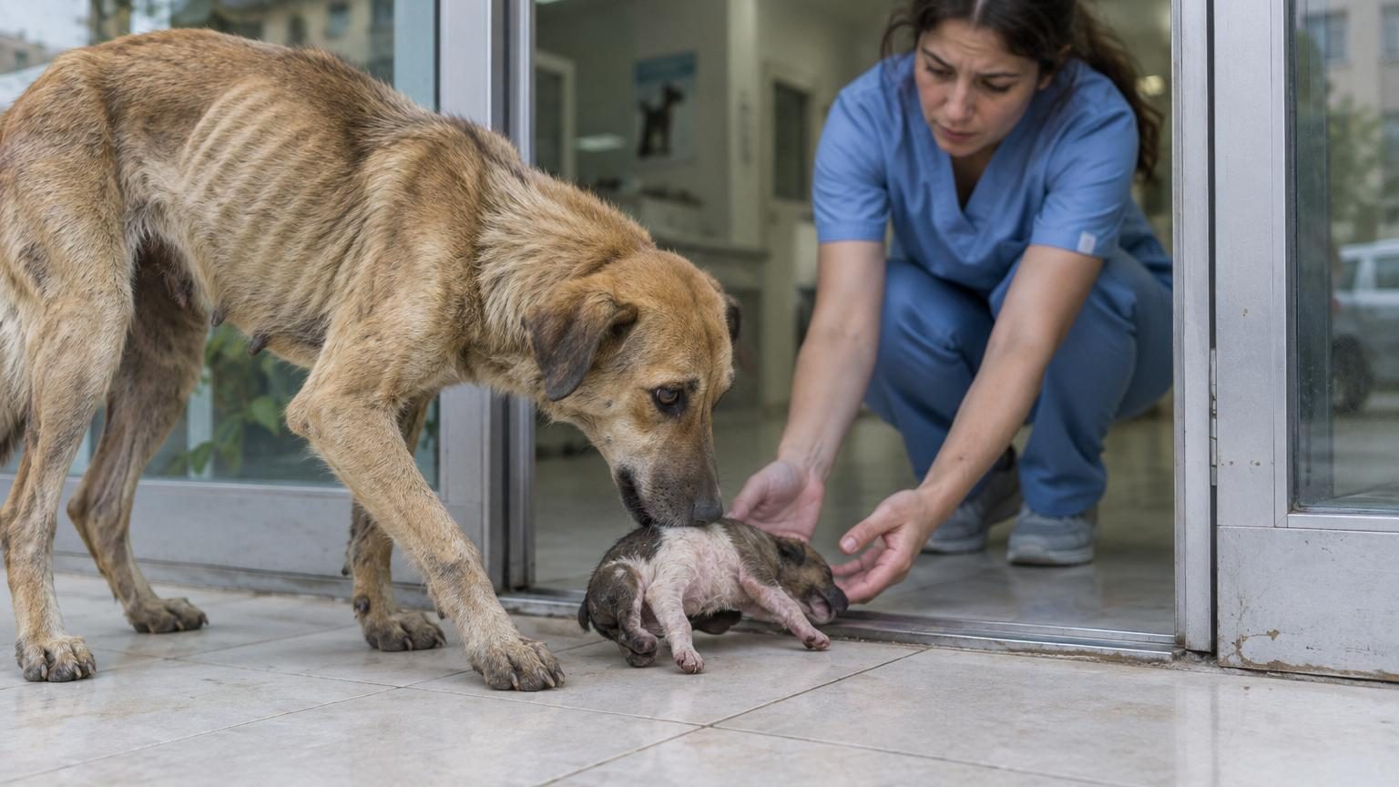 Une chienne errante porte son chiot inconscient jusqu'à la porte d'une clinique vétérinaire : ce que les soignants découvrent ensuite