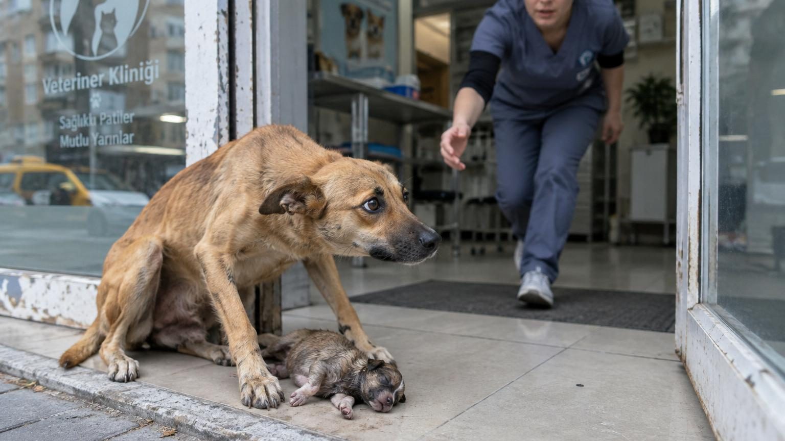 Une chienne errante porte son chiot inconscient jusqu'à la porte d'une clinique vétérinaire : ce qu'elle fait ensuite bouleverse le personnel