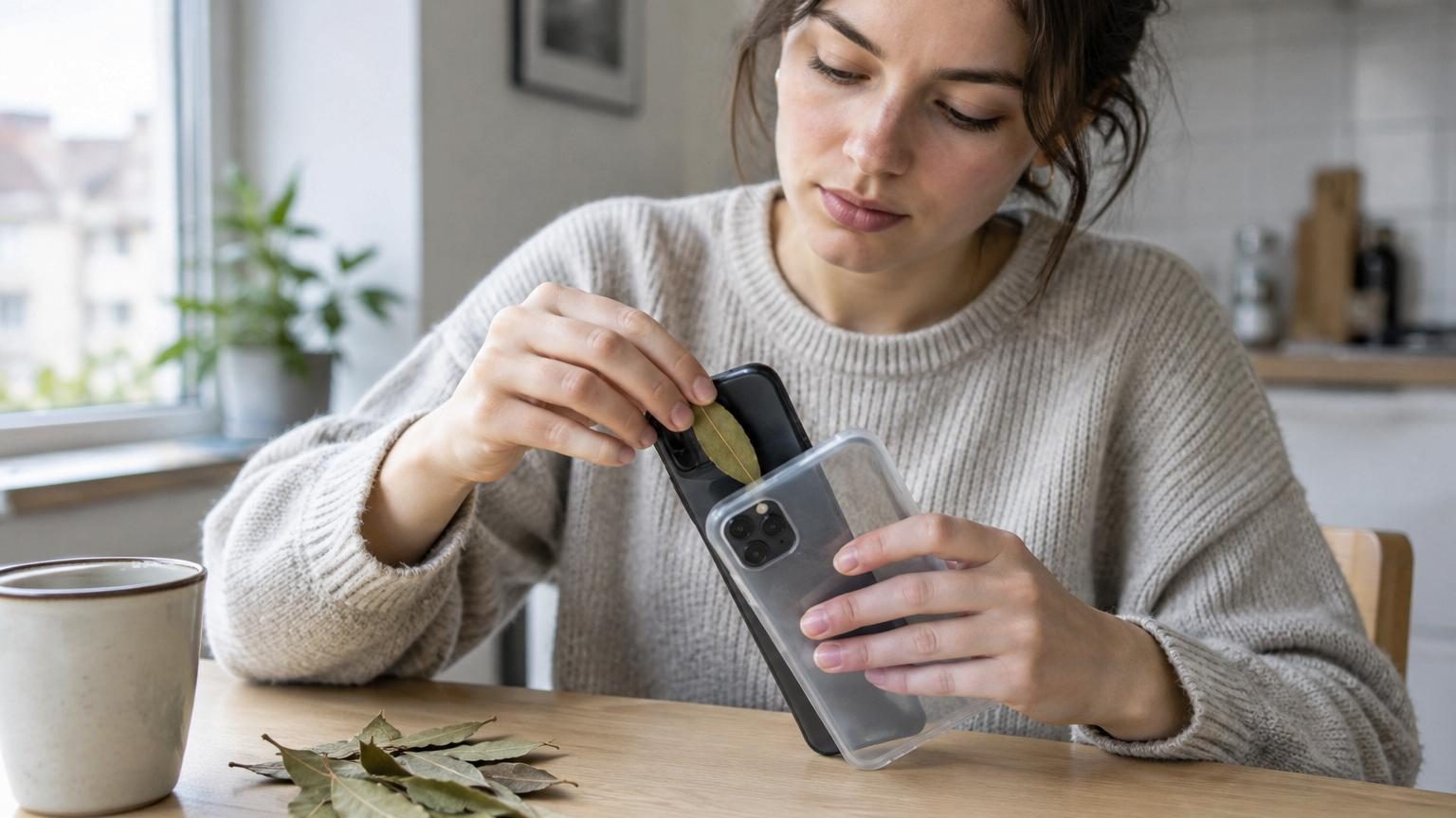 Une feuille de laurier glissée dans la coque du téléphone : voici ce que cache vraiment cette astuce