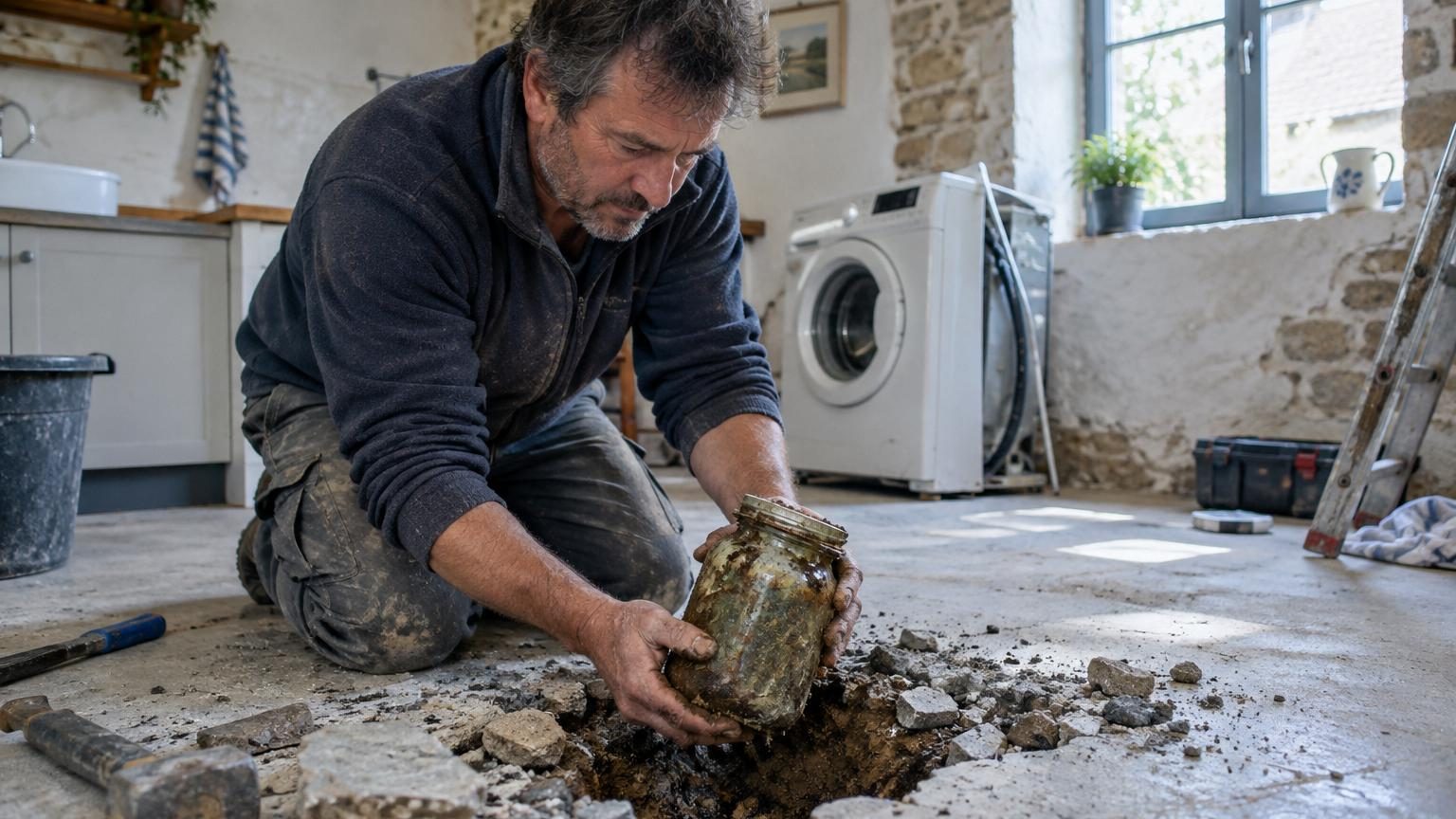 Une longère achetée 92 000 euros en 2019 : sous la dalle de la buanderie, un artisan déterre un bocal que l'ancien propriétaire avait caché en 1958