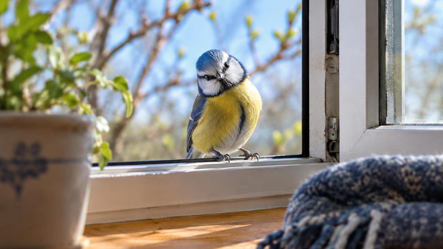 Une mésange bleue avec sa calotte azur et son plumage coloré s'apprête à franchir une fenêtre ouverte d'une maison ensoleillée au printemps, symbolisant le renouveau de la saison.