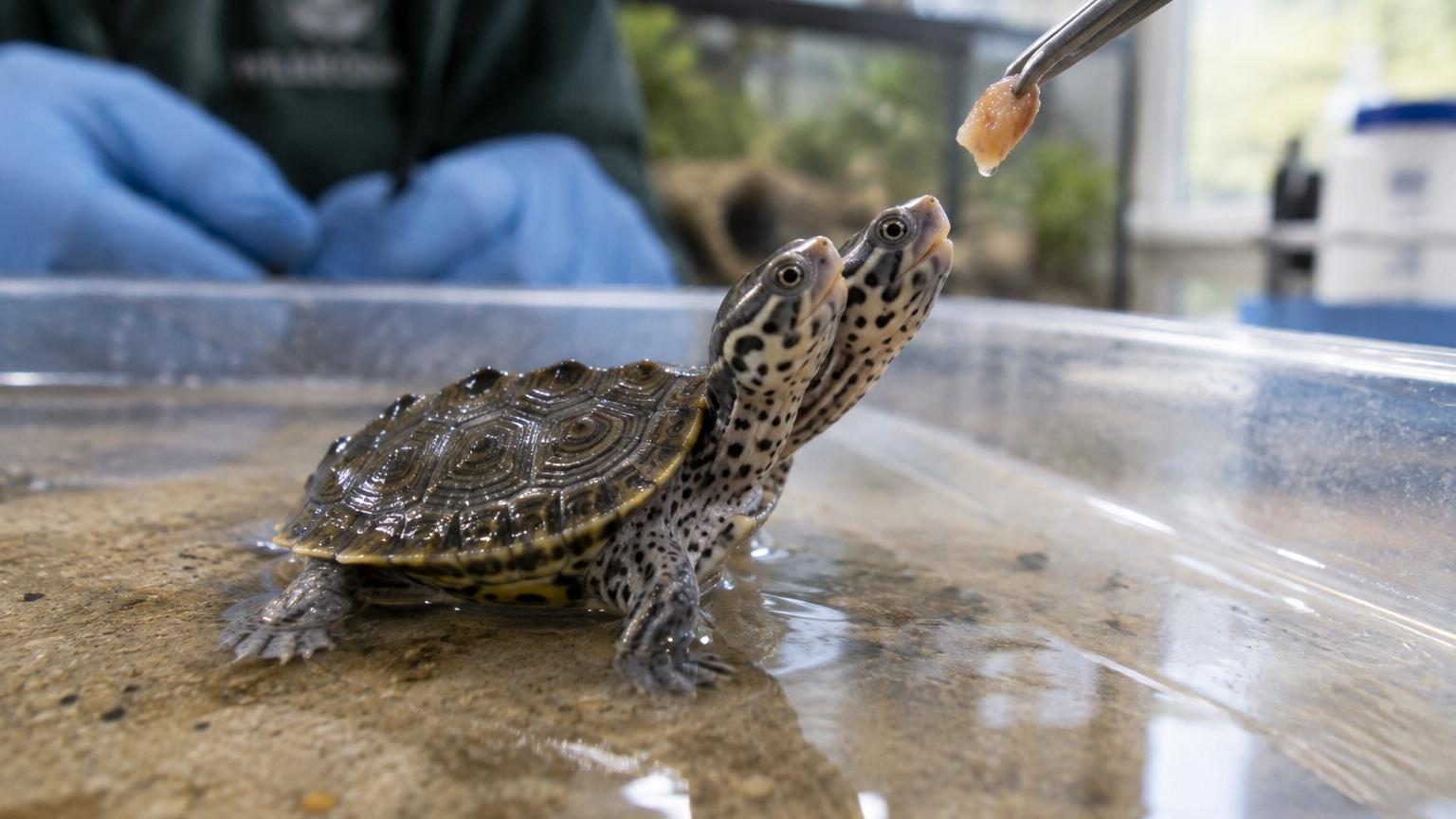 Une minuscule tortue à deux têtes découverte sur une plage du Cape Cod : les deux têtes réagissent et réclament à manger