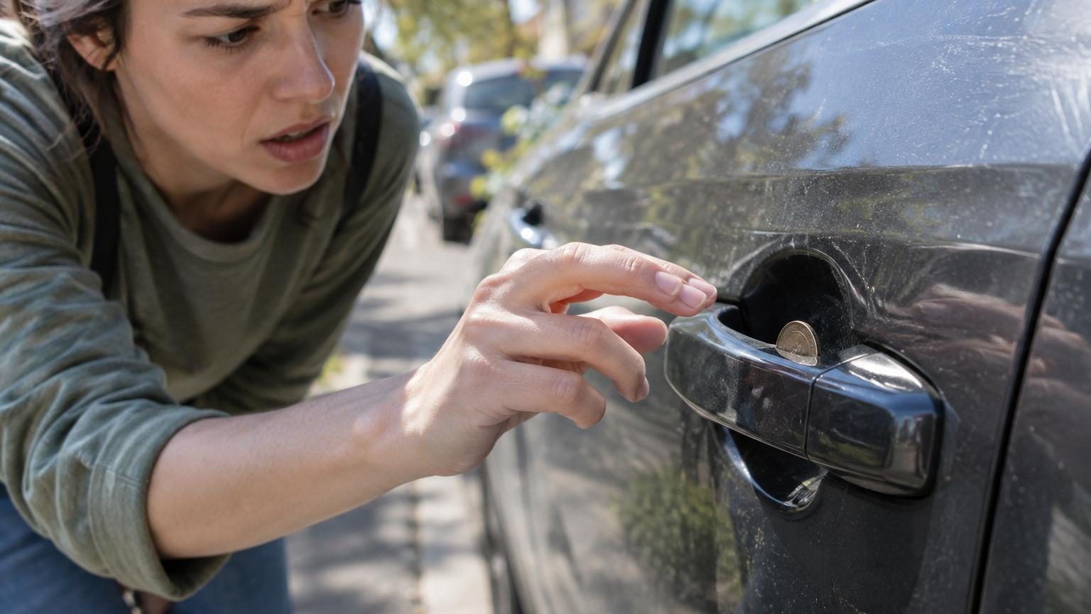Gros plan sur une poignée de portière de voiture avec une pièce de monnaie coincée dessous, illustrant le mythe viral du vol de voiture