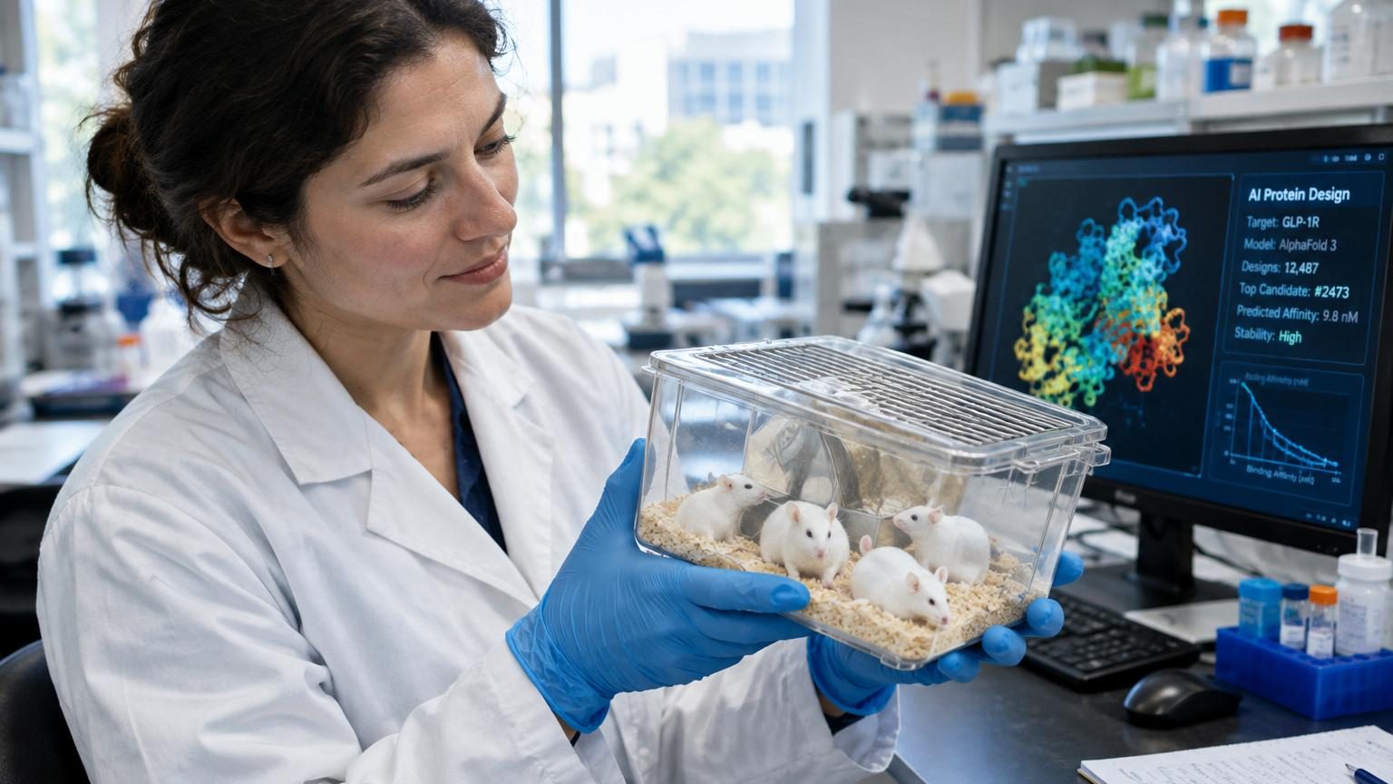 Représentation scientifique d'une molécule de peptide BRP agissant sur un neurone cérébral pour réduire l'appétit, avec structures moléculaires en arrière-plan