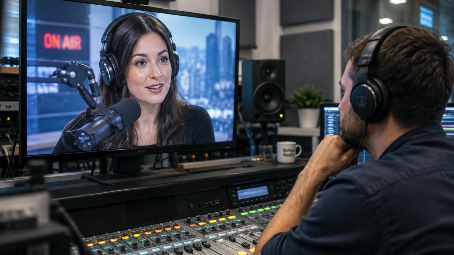 Illustration conceptuelle montrant une studio de radio vide avec un microphone éteint et des ondes numériques bleues en arrière-plan, symbolisant une voix artificielle.