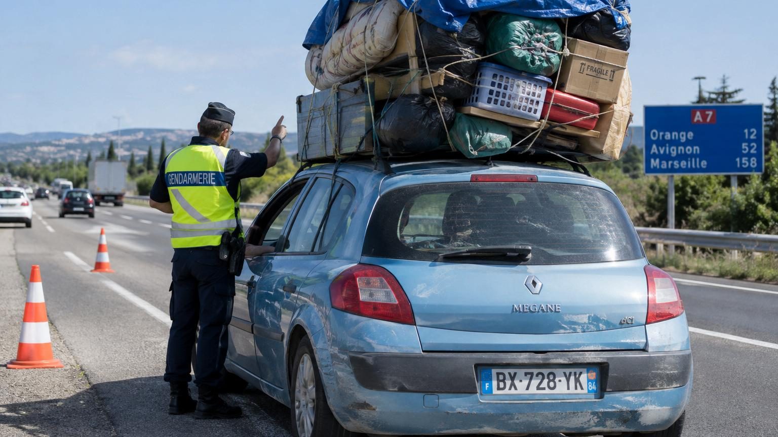 Une Renault Mégane contrôlée sur l'A7 à Orange : 950 kg de marchandises entassés sur le toit