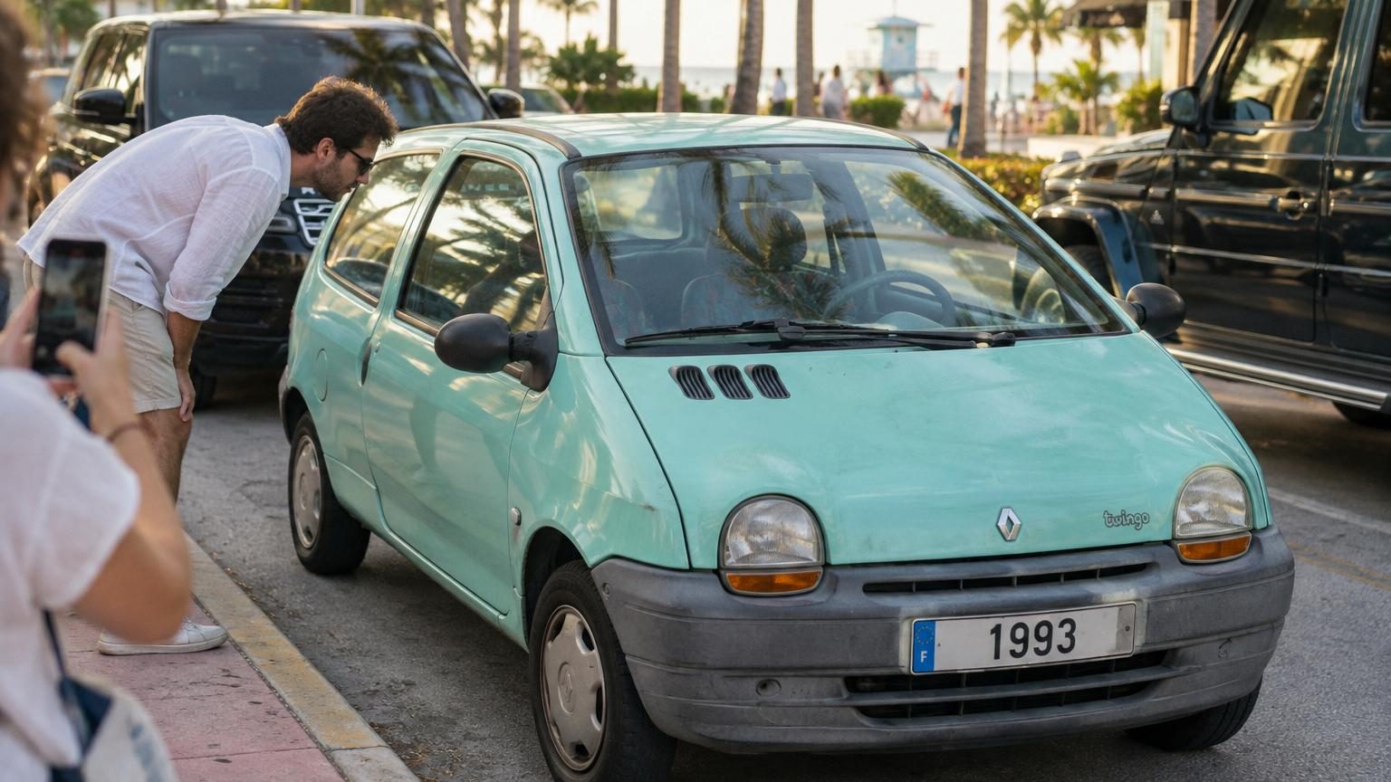 Une Renault Twingo verte métallisée de 1996 exposée dans un showroom de Miami entourée de supercars prestigieuses comme des Porsche, Lamborghini et Dodge Viper.