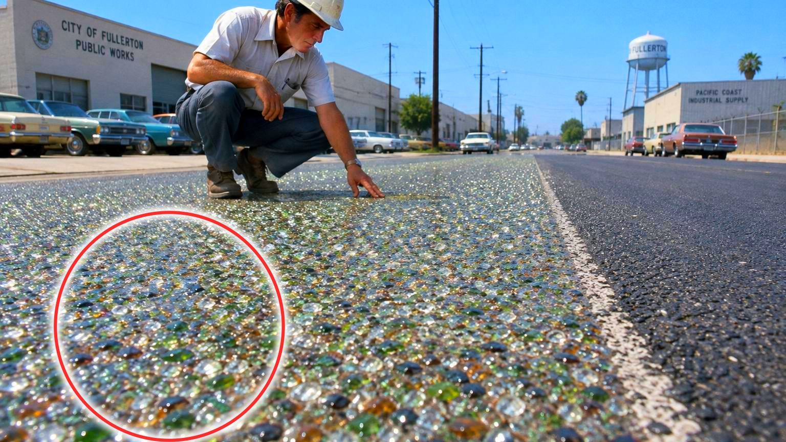 Une route en verre pilé, et elle tient toujours deux ans plus tard : en 1970, la ville de Fullerton a goudronné une rue de 180 mètres avec des bouteilles broyées