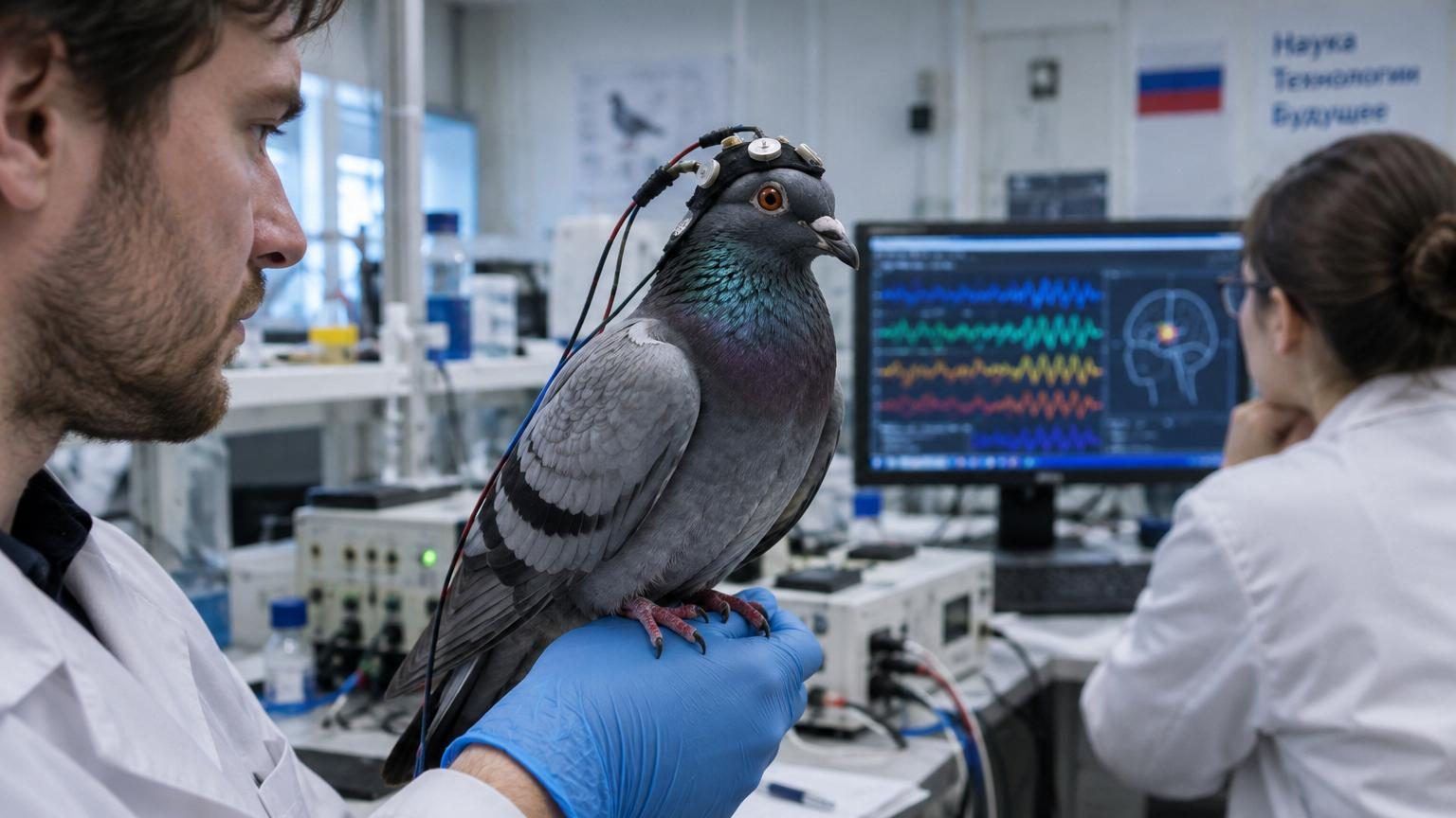 Illustration conceptuelle d'un pigeon équipé d'électrodes cérébrales et d'un harnais technologique, survolant un environnement urbain avec des bâtiments en arrière-plan