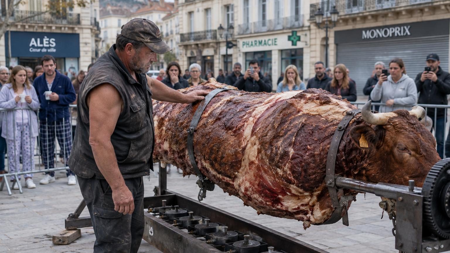 Une vache salers de près de 350 kg embrochée en plein centre d'Alès : l'éleveur venu du Cantal raconte les coulisses du grand repas