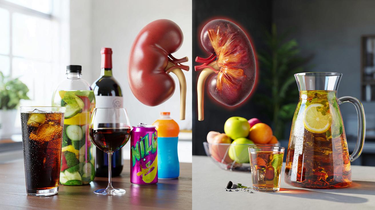 Comparatif de cinq verres de boissons colorées (soda, jus, alcool, boisson énergétique, boisson sportive) avec symboles d'avertissement rénaux, face à des alternatives saines comme l'eau infusée et les fruits