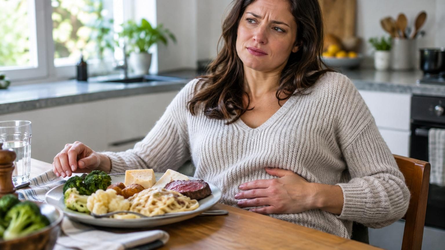 Illustration d'une personne tenant son ventre avec l'air inconfortable, accompagnée d'images de viande rouge, frites, légumineuses et sodas symbolisant les aliments qui causent des lourdeurs digestives.