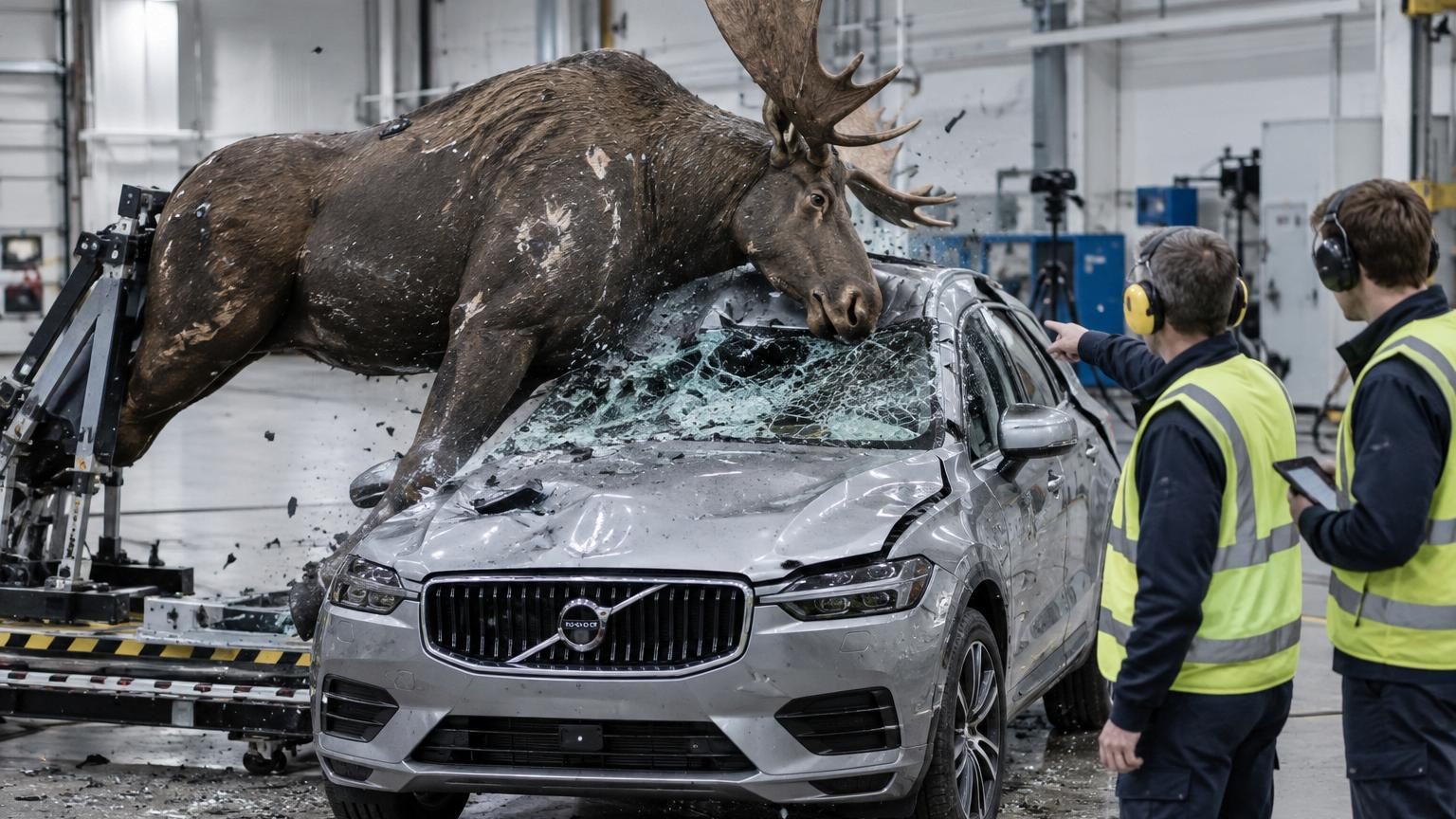 Un SUV Volvo gravement endommagé à l'avant après un crash-test avec un mannequin d'élan de 360 kg, illustrant l'impact massif sur le capot et le pare-brise.