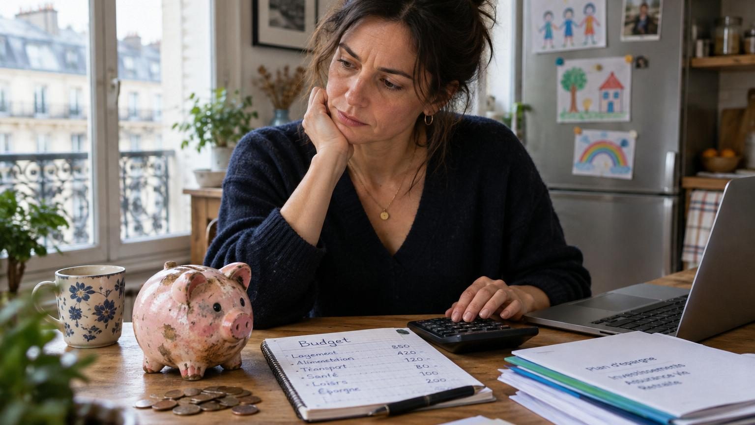 Personne assise à un bureau en train de feuilleter des documents financiers, entourée de graphiques et symboles d'argent, représentant l'analyse et la prise de conscience des habitudes budgétaires.