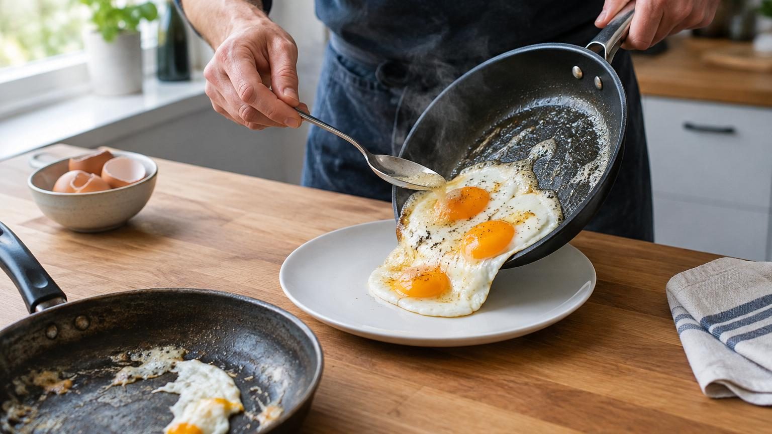 Œuf au plat avec blanc bien saisi et jaune coulant dans une poêle avec beurre et huile, bords légèrement dorés