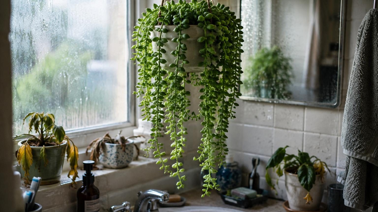 String of nickels aux tiges fines retombantes et petites feuilles charnues rondes, suspendue en salle de bain humide avec carrelage blanc et miroir en arrière-plan.
