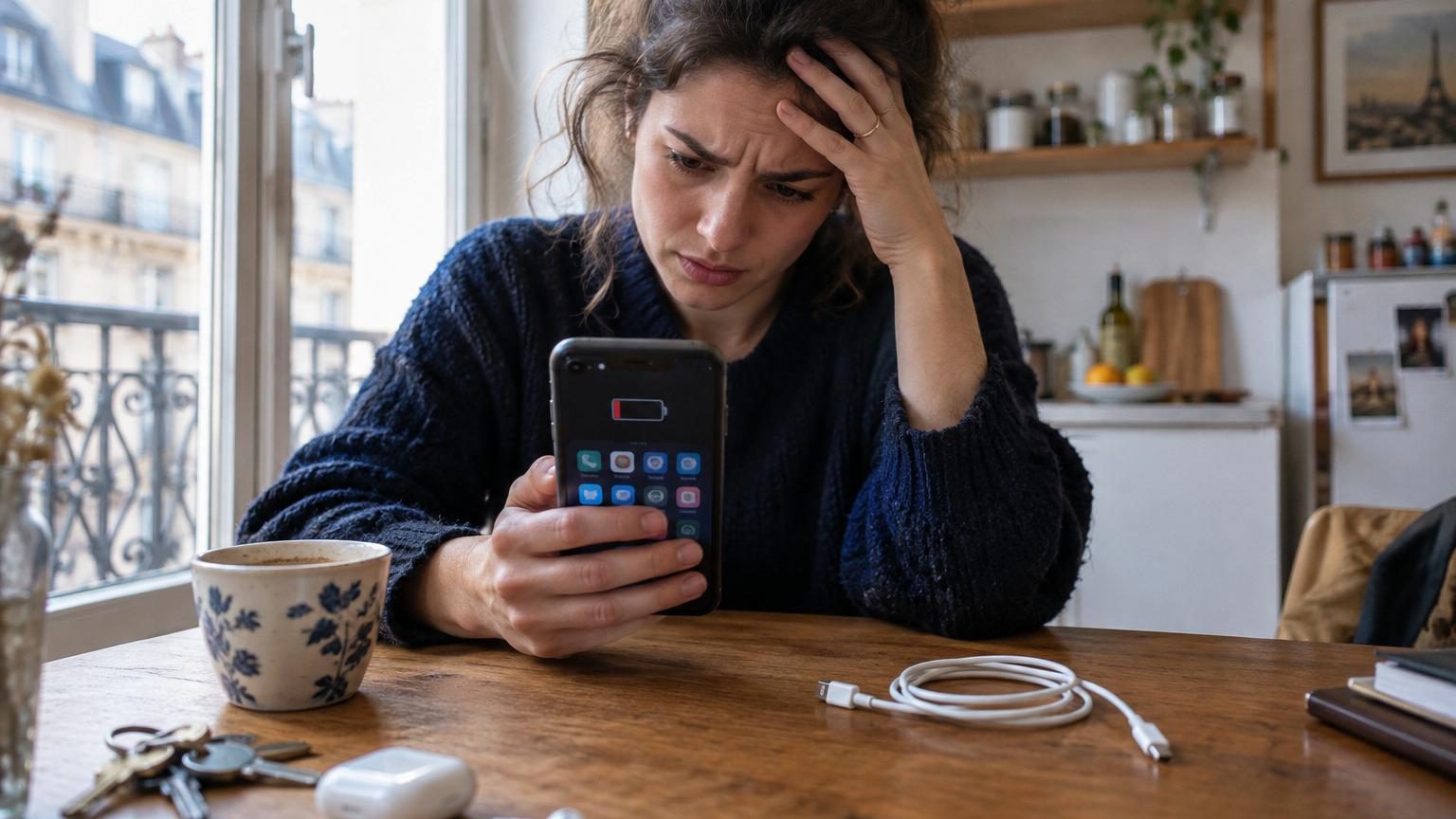Smartphone avec batterie faible affichée en rouge sur l'écran, entouré d'icônes d'applications comme Facebook, Instagram, WhatsApp, Uber et Spotify.