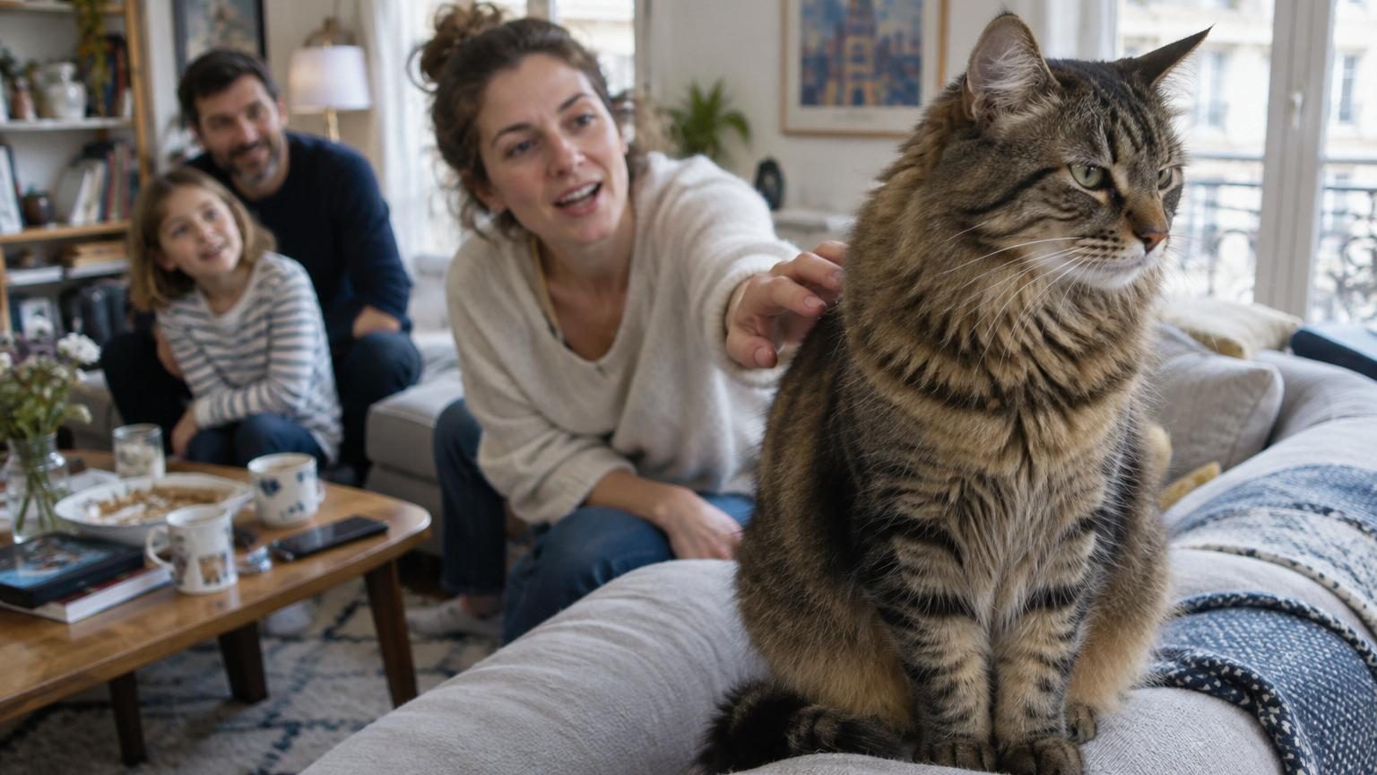 Chat assis face à un écran d'ordinateur affichant le visage d'un autre chat, dans le cadre d'une expérience scientifique sur la mémoire féline.