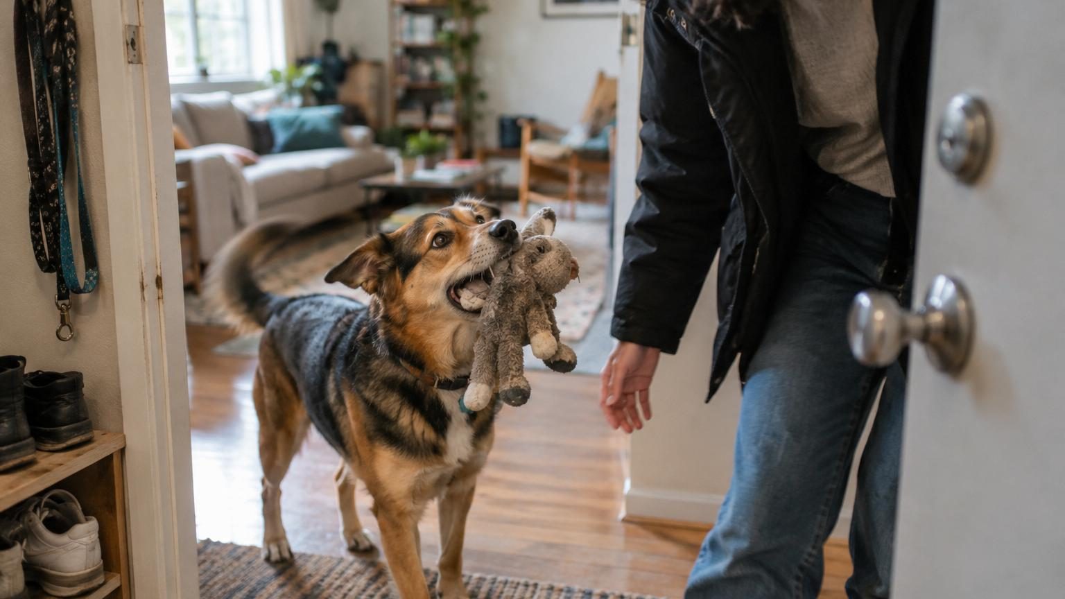 Un chien joyeux tenant un jouet dans sa gueule face à son maître revenu à la maison, queue frétillante et posture détendue.