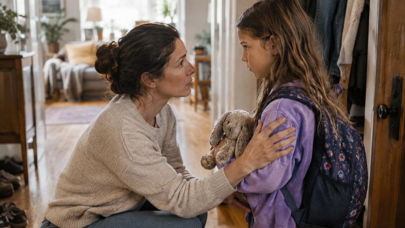 Un enfant et un parent se donnant discrètement un code secret dans une cuisine, symbolisant la confiance et la communication silencieuse avant une soirée chez des amis.