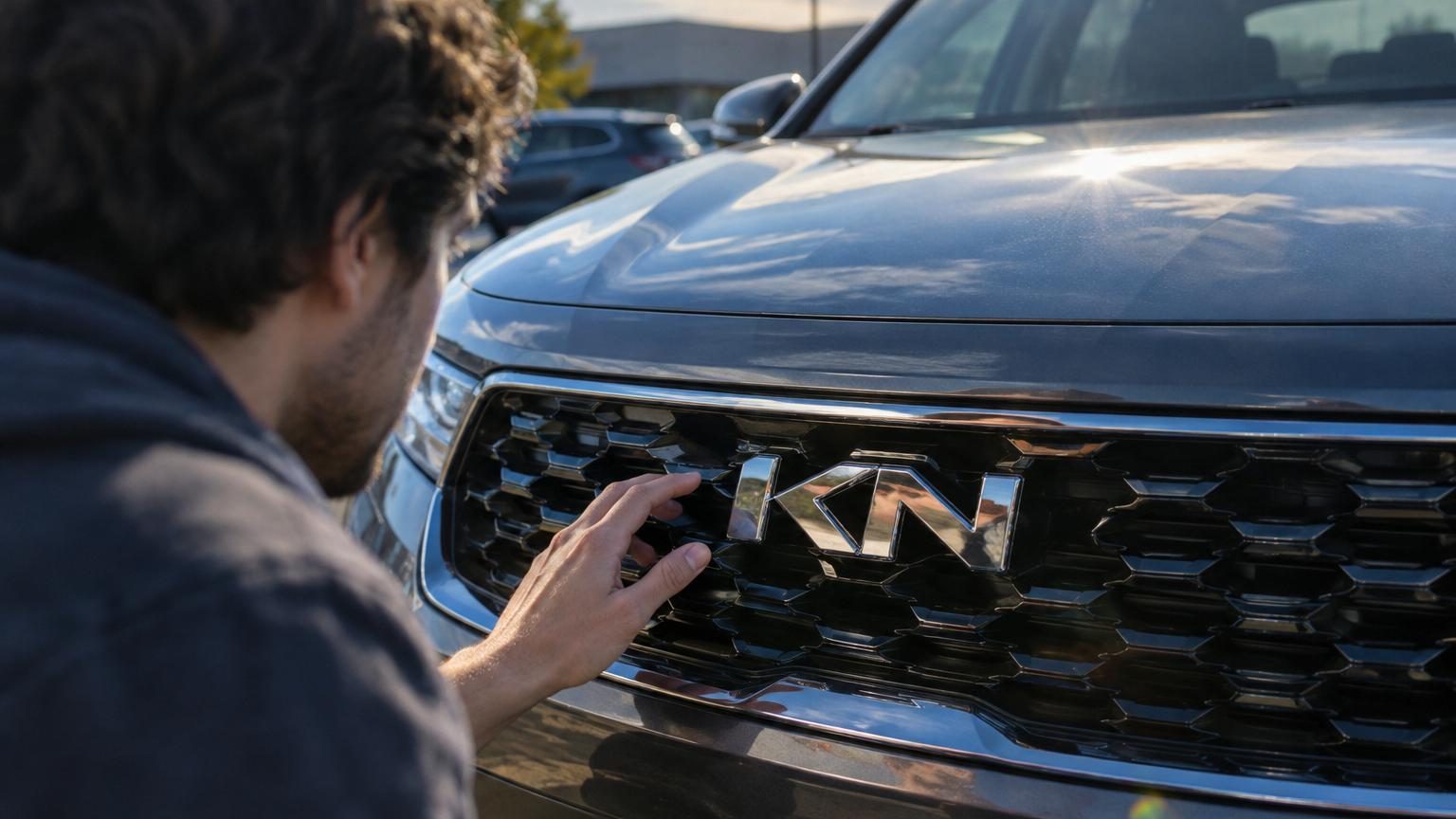 Gros plan sur le logo minimaliste anguleux et stylisé de Kia gravé sur la calandre d'une voiture moderne, aux lettres fusionnées créant l'illusion d'un « KN ».