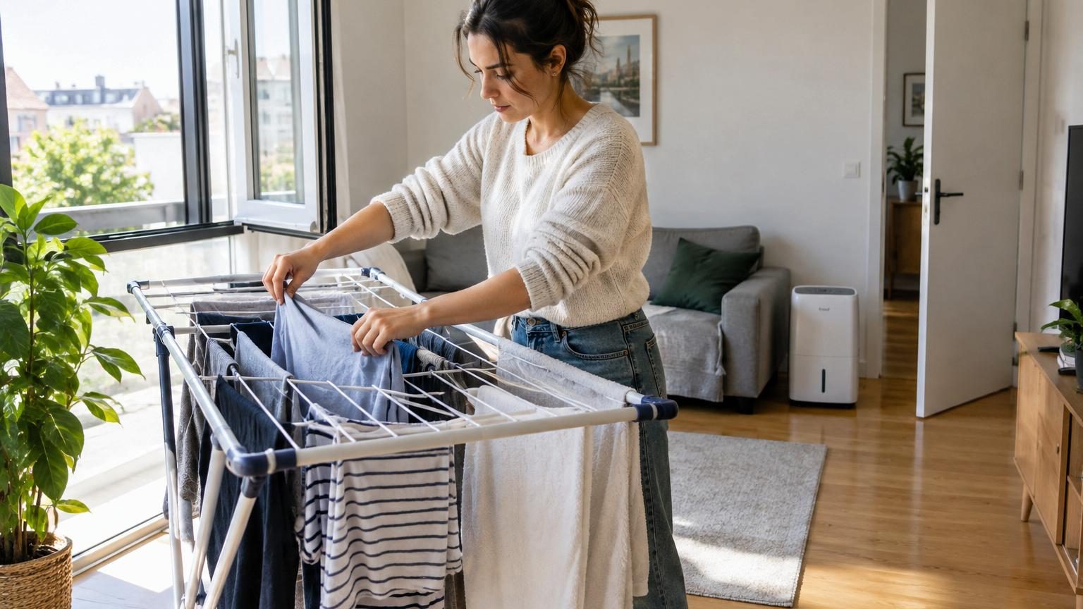 Un séchoir rempli de linge humide devant une fenêtre ouverte dans un intérieur bien aéré, symbolisant les bonnes pratiques de séchage sans humidité.