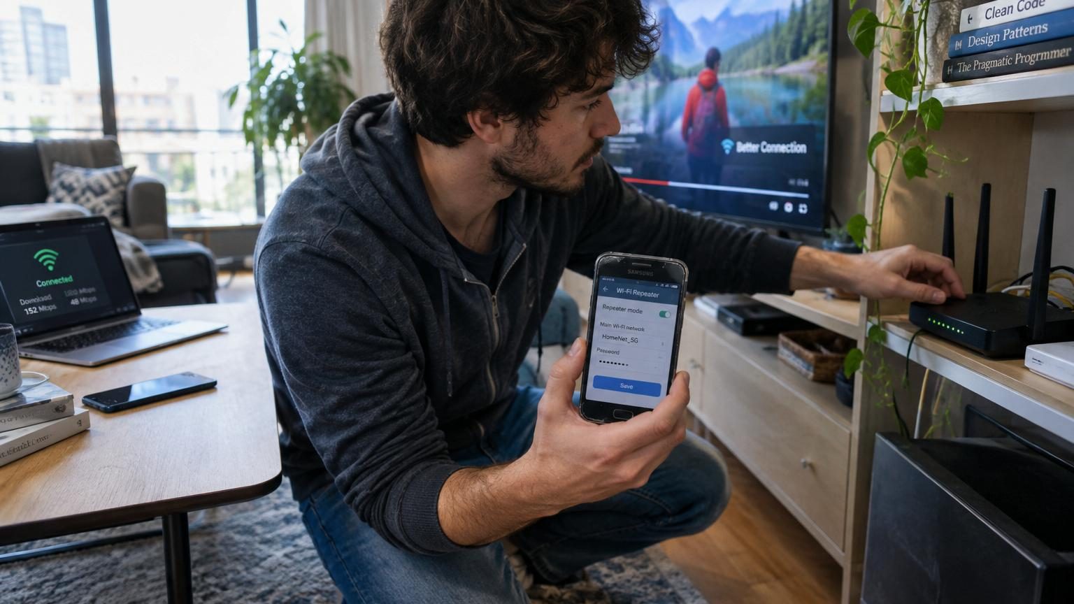 Un ancien smartphone Android placé sur une étagère entre une box Internet et une pièce, partageant le signal WiFi comme répéteur
